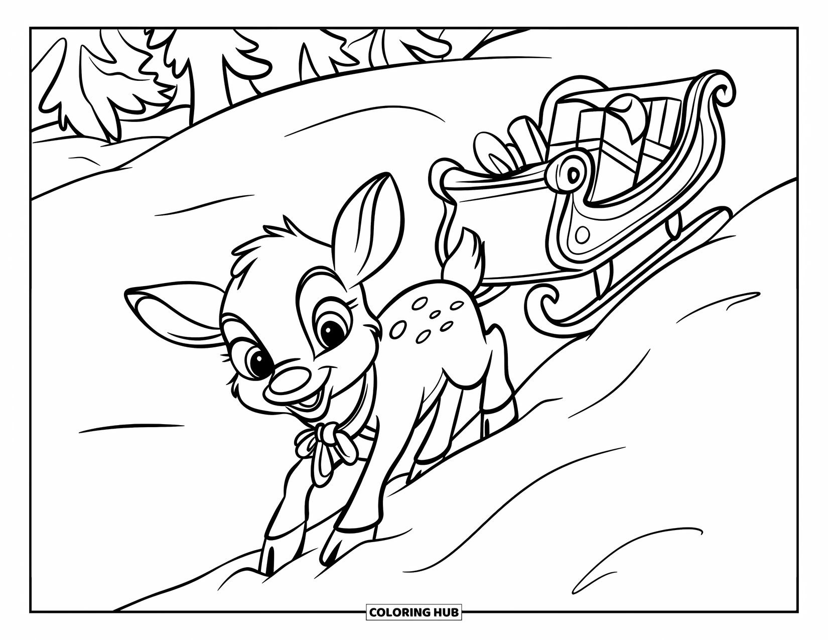 Baby Reindeer Coloring Page for Kids: A cheerful reindeer pulls a sleigh filled with gifts up a hill
