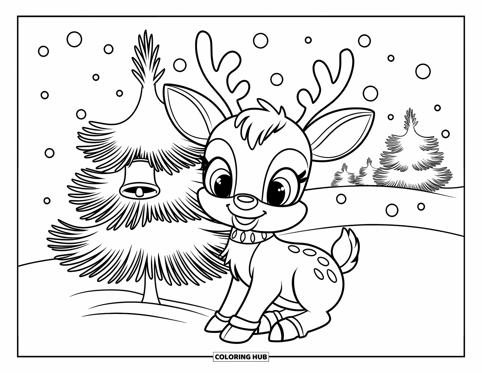 Baby Reindeer Coloring Page for Kids: A cheerful reindeer rests by a tree with a bell and snowflakes