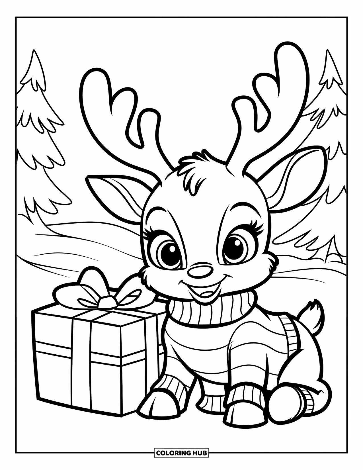 Baby Reindeer Coloring Page for Kids: A cheerful reindeer sits next to a wrapped gift with a bow