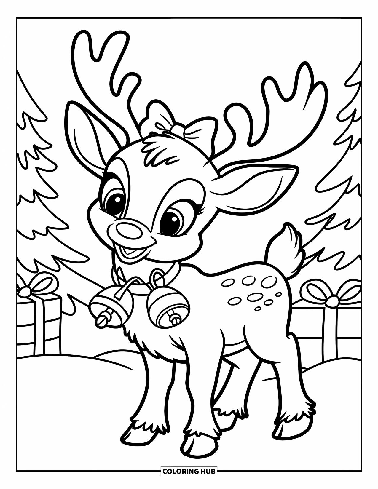 Baby Reindeer Coloring Page for Kids: A cheerful reindeer with bells and a bow poses in the snow