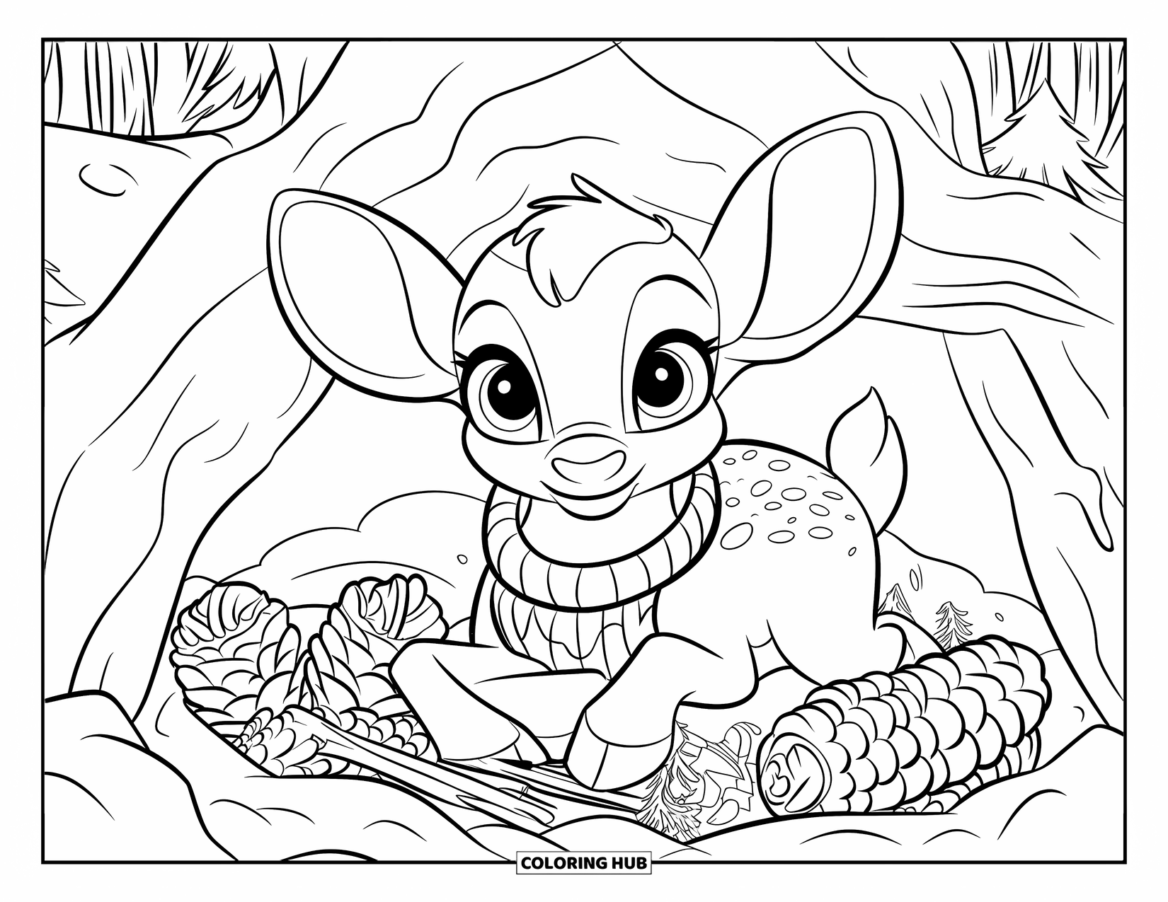 Baby Reindeer Coloring Page for Kids: A cozy reindeer snuggles in a den wearing a tiny sweater