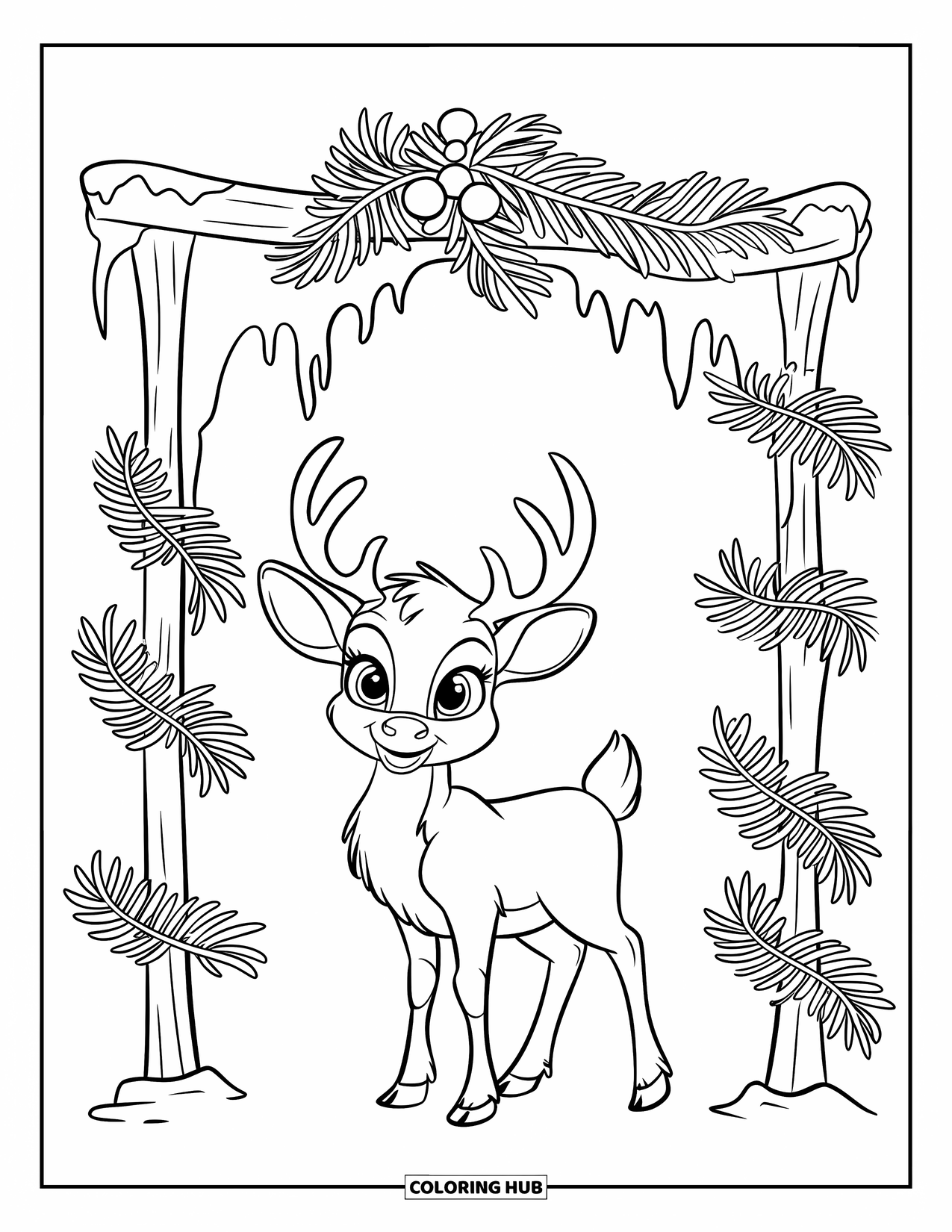 Baby Reindeer Coloring Page for Kids: A curious reindeer stands beneath an arch of snowy pine boughs