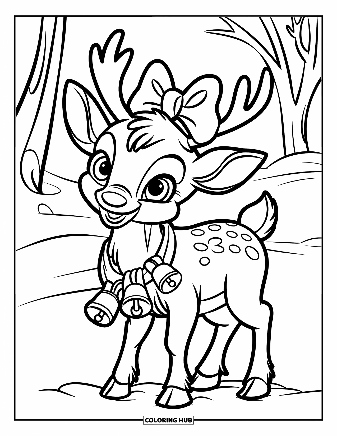 Baby Reindeer Coloring Page for Kids: A cute reindeer stands proudly with bells and a ribbon bow
