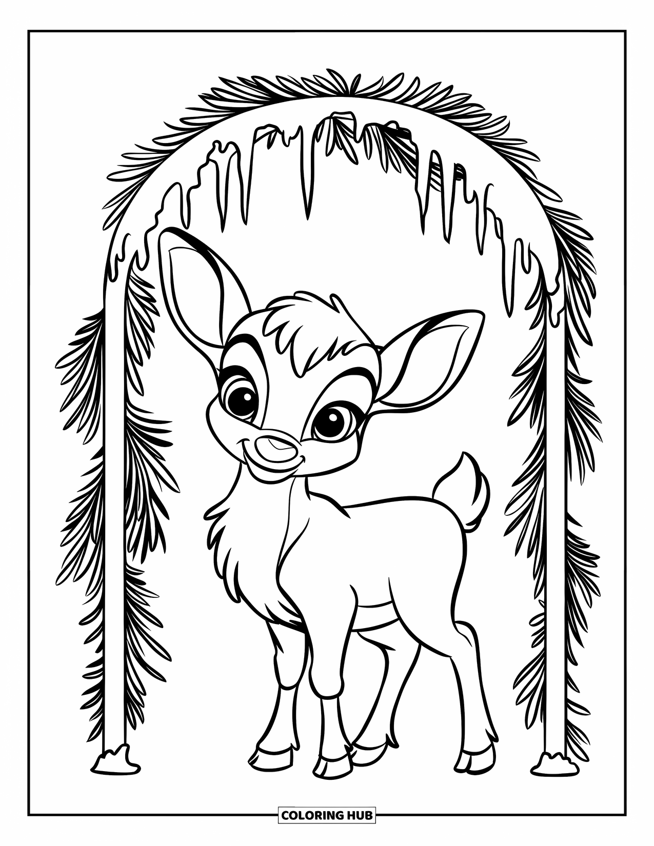 Baby Reindeer Coloring Page for Kids: A fluffy reindeer gazes up beneath icicles and pine branches