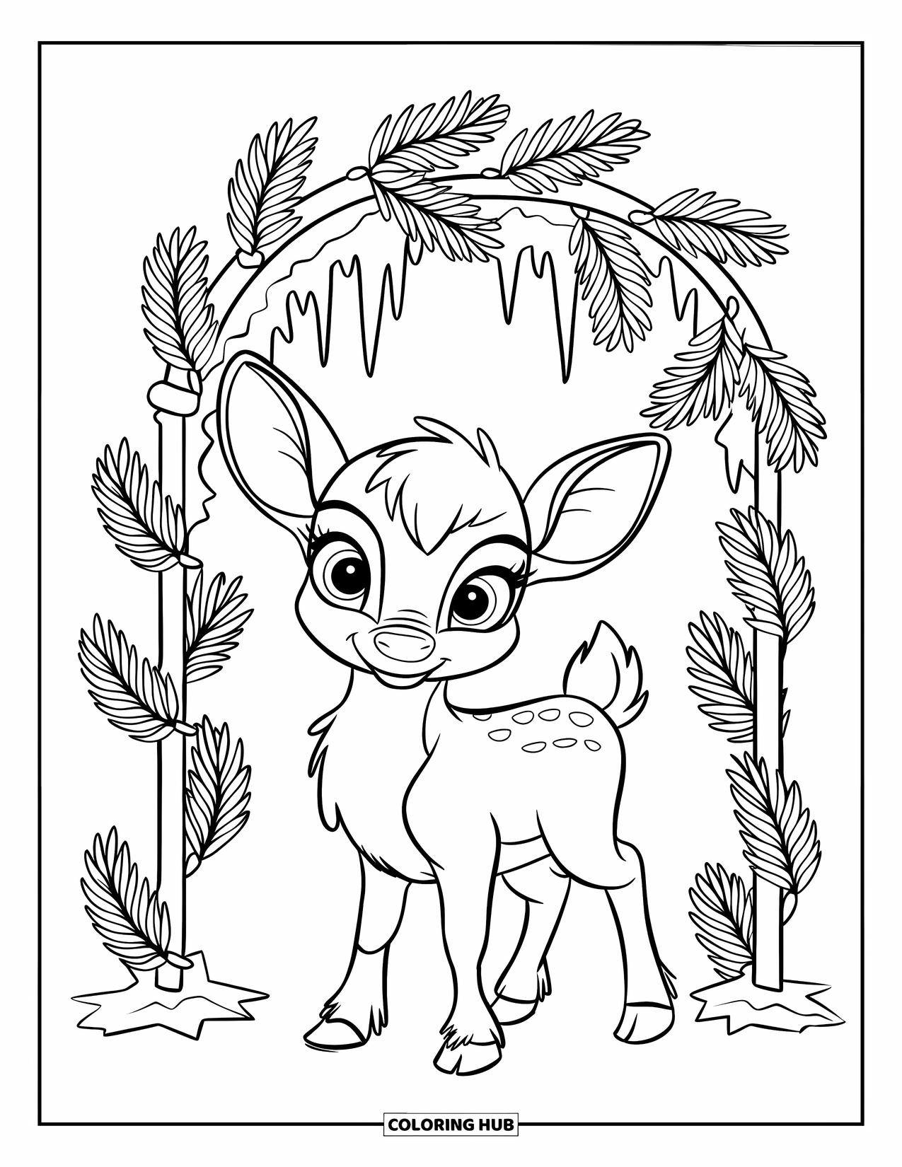 Baby Reindeer Coloring Page for Kids: A gentle reindeer rests under sparkling icicles and pine leaves