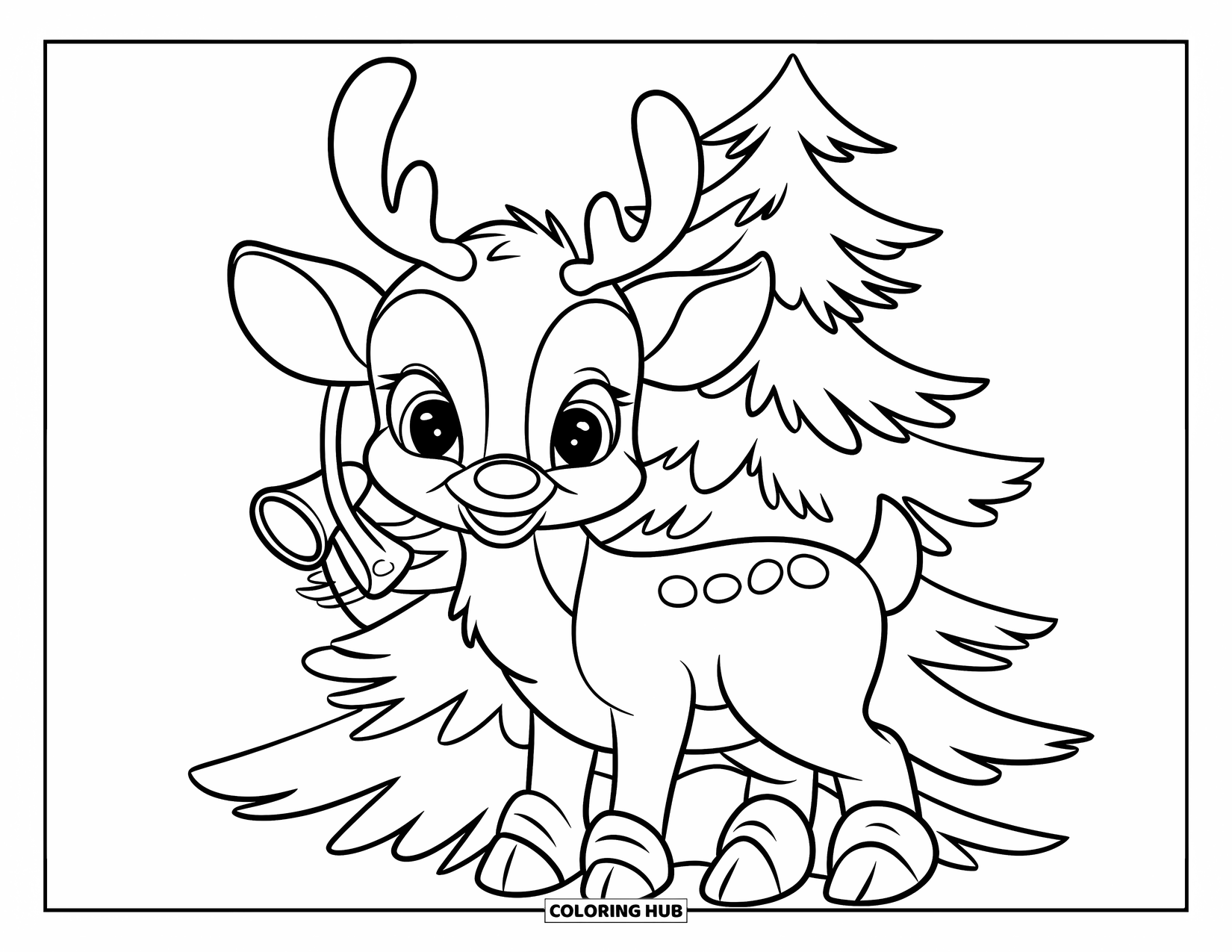 Baby Reindeer Coloring Page for Kids: A happy reindeer sits beside a pine tree with a hanging bell