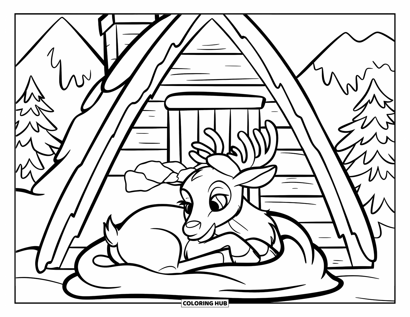 Baby Reindeer Coloring Page for Kids: A peaceful reindeer naps in a cabin near snowy mountains