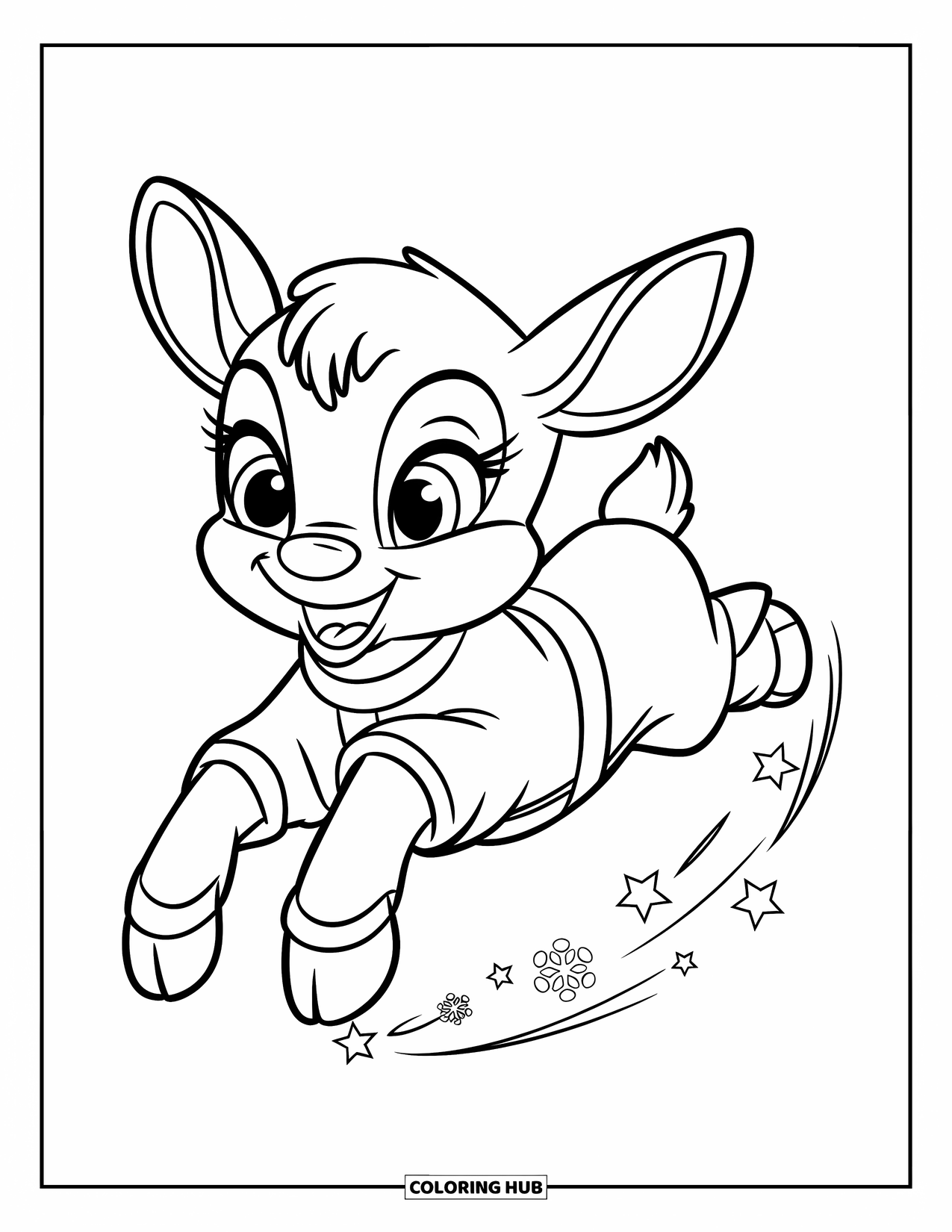 Baby Reindeer Coloring Page for Kids: A playful reindeer soars through snow leaving sparkles behind