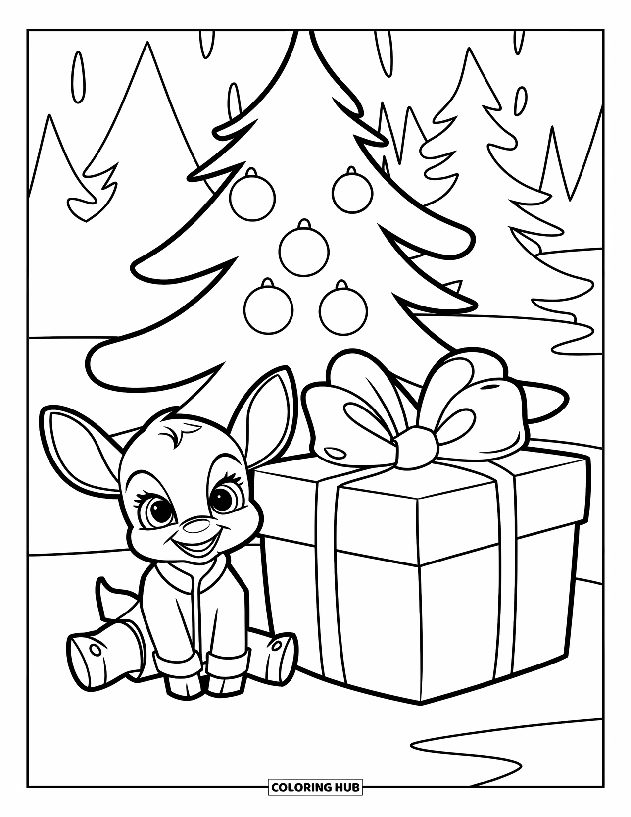 Baby Reindeer Coloring Page for Kids: A reindeer in a red suit smiles by a present under a tree