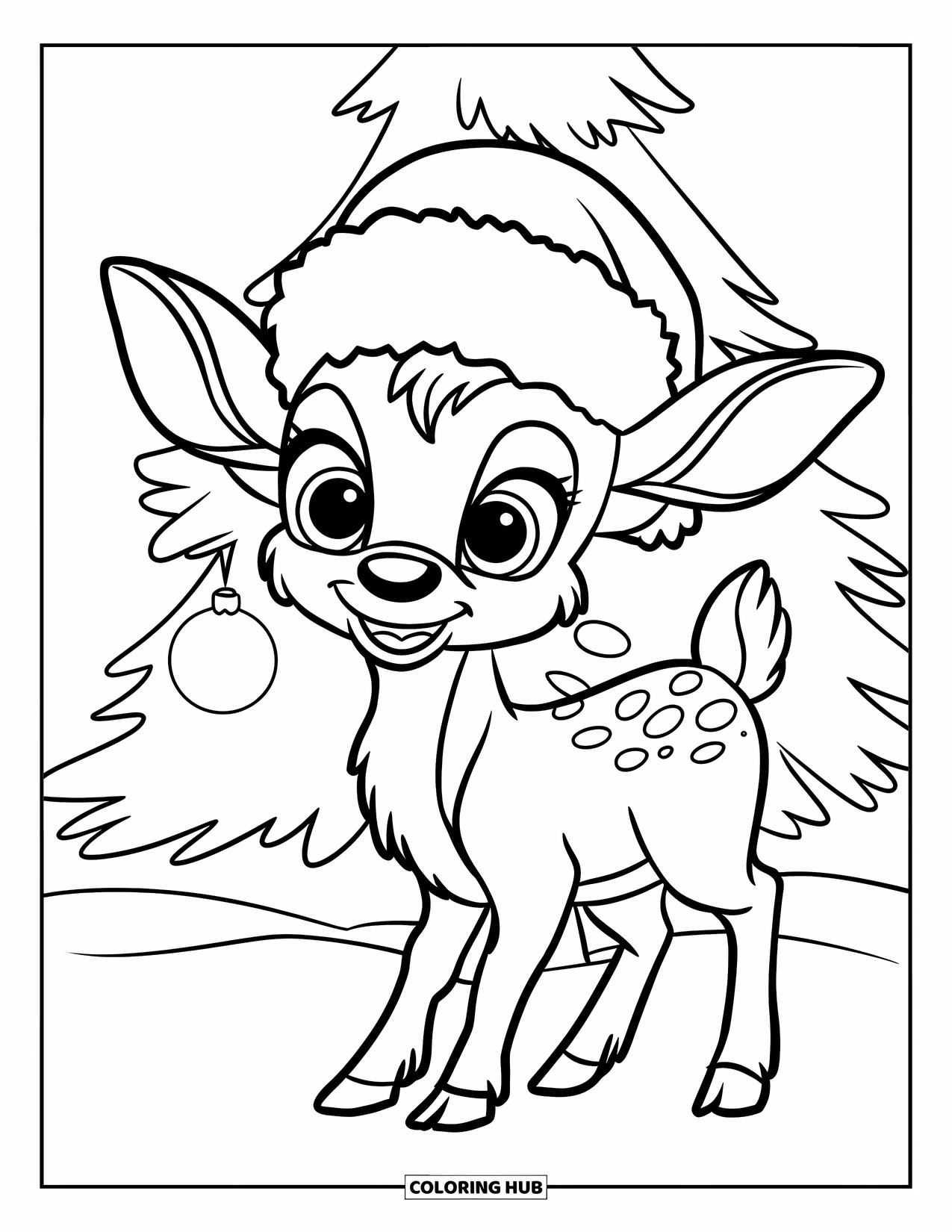 Baby Reindeer Coloring Page for Kids: A reindeer in a Santa hat smiles beside a simple decorated tree
