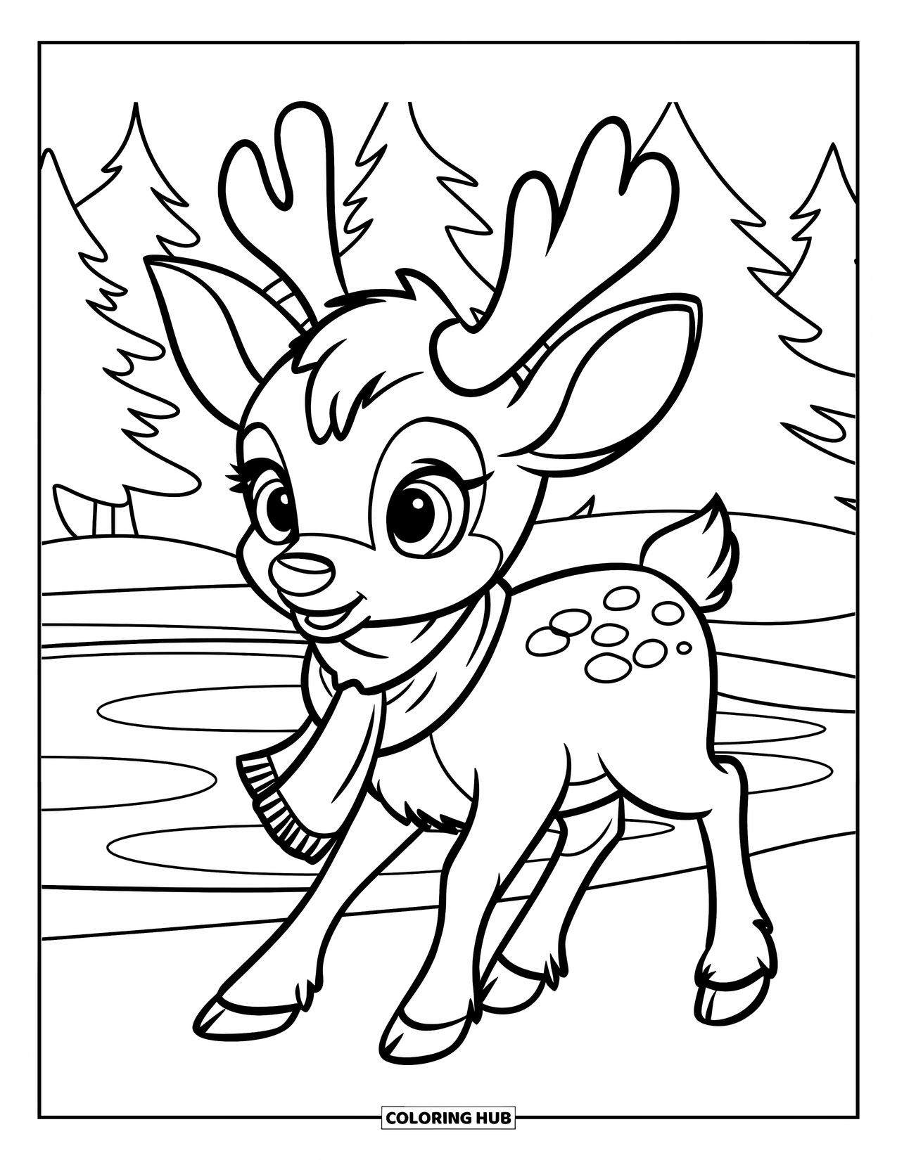 Baby Reindeer Coloring Page for Kids: A reindeer in a scarf walks near a frozen pond of pine trees