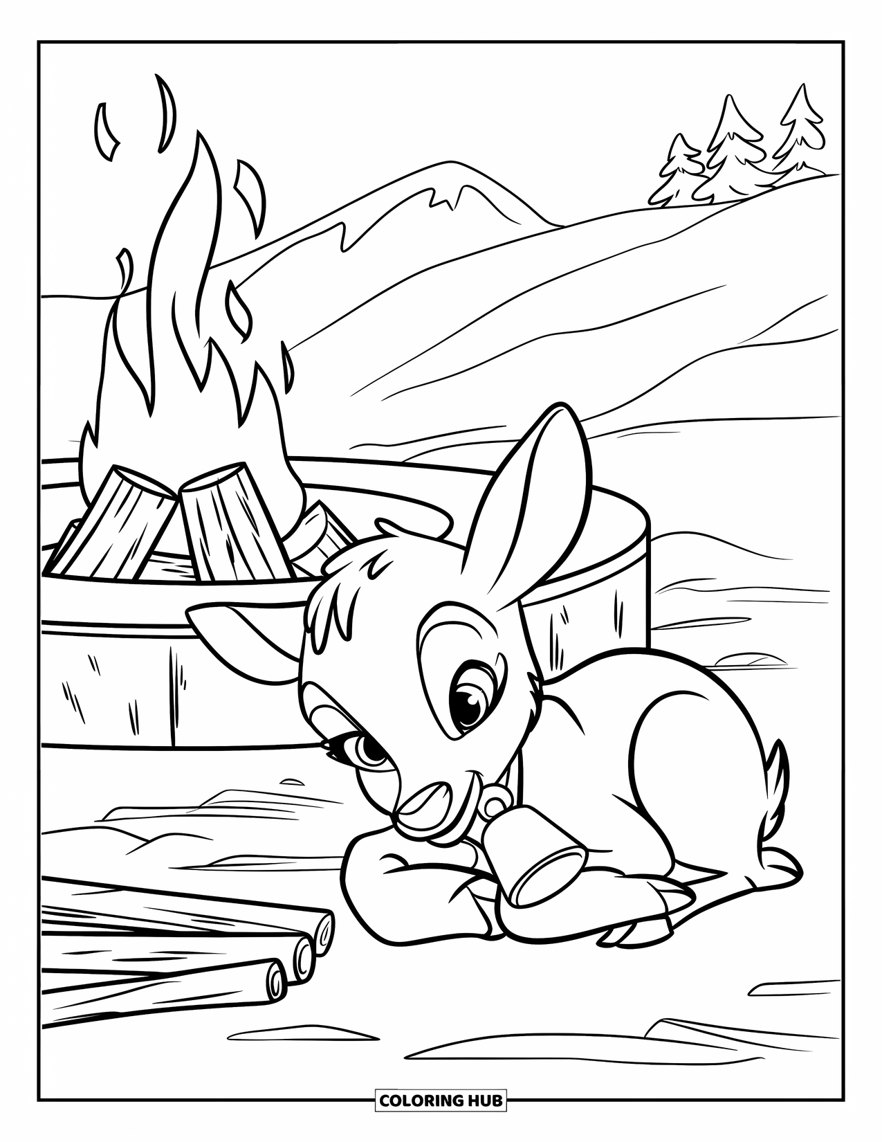 Baby Reindeer Coloring Page for Kids: A reindeer rests by a campfire beneath a snow-capped mountain