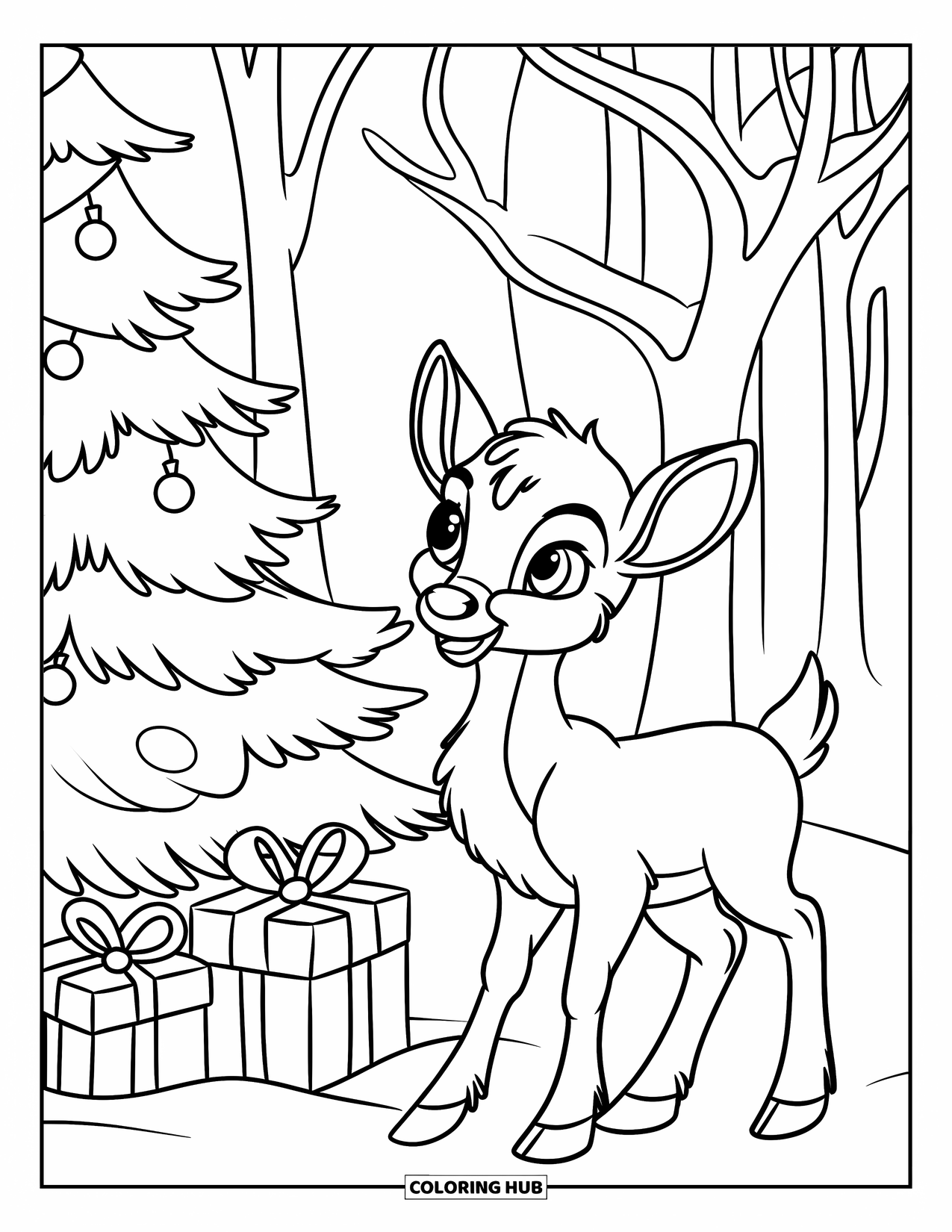 Baby Reindeer Coloring Page for Kids: A reindeer stands by a decorated tree surrounded by presents