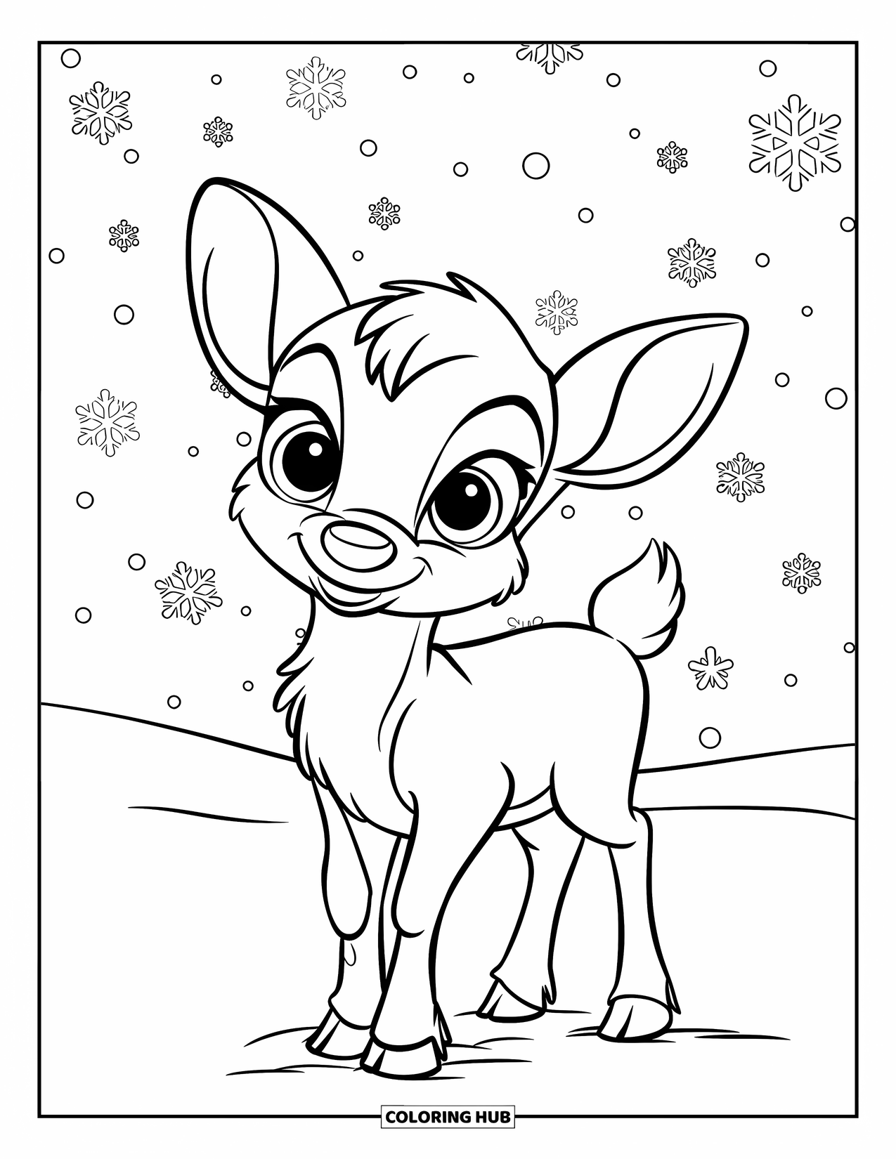 Baby Reindeer Coloring Page for Kids: A reindeer stands in falling snow with big eyes and a bright nose