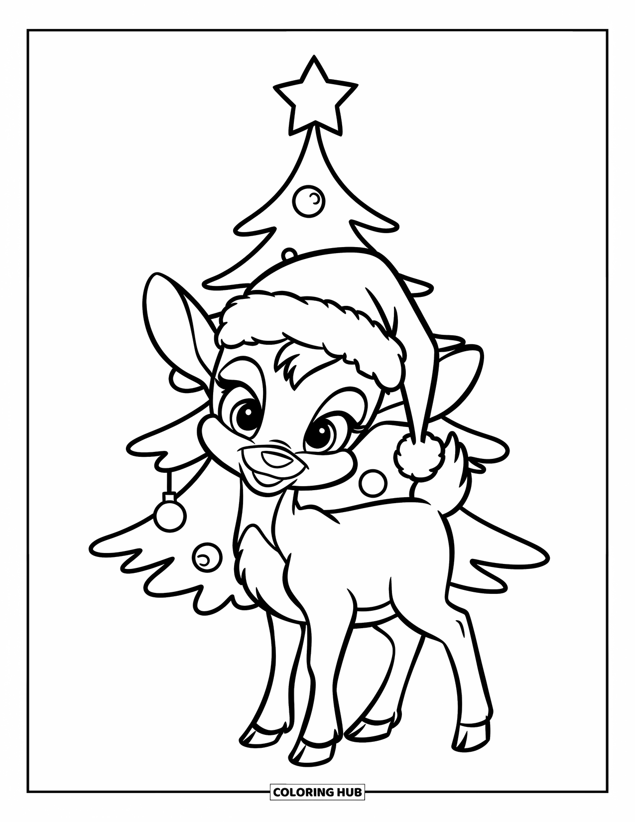 Baby Reindeer Coloring Page for Kids: A reindeer stands proudly by a small Christmas tree and star