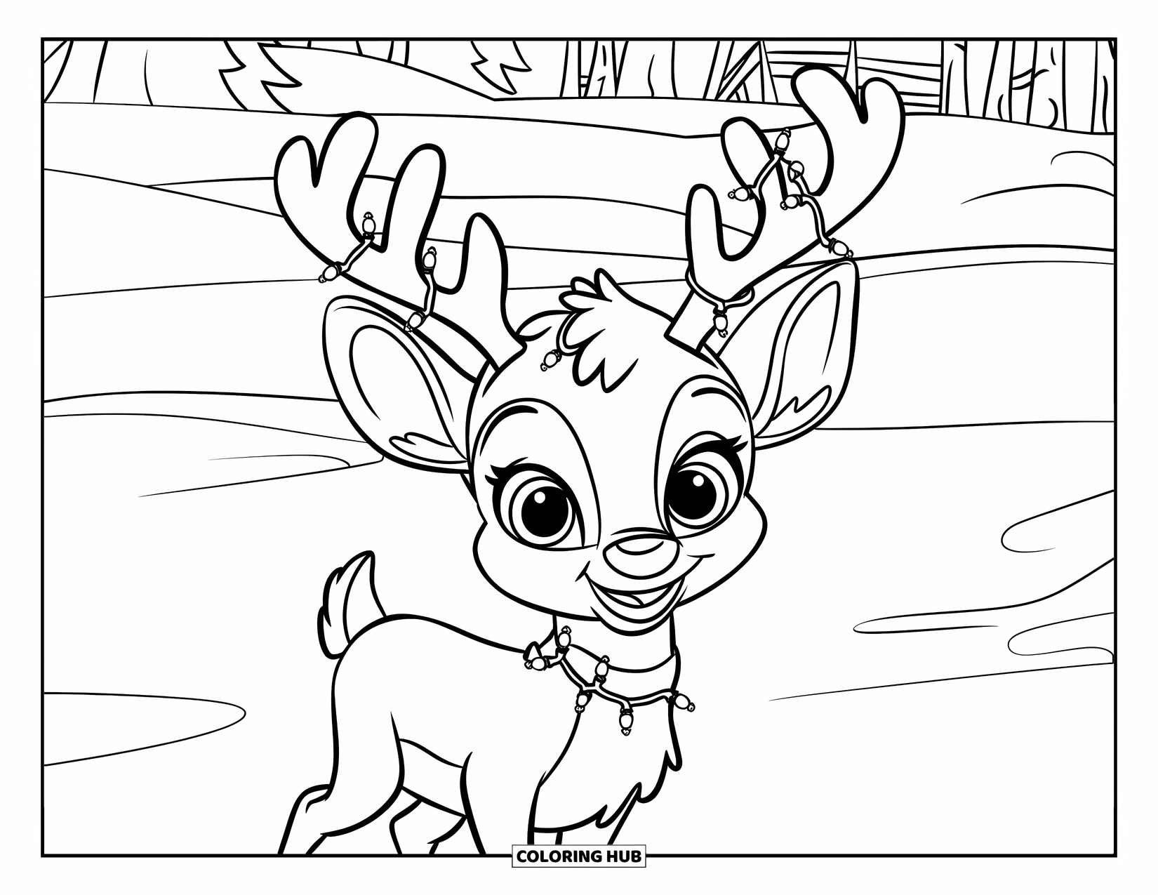 Baby Reindeer Coloring Page for Kids: A reindeer with bright lights on its antlers stands near a cabin
