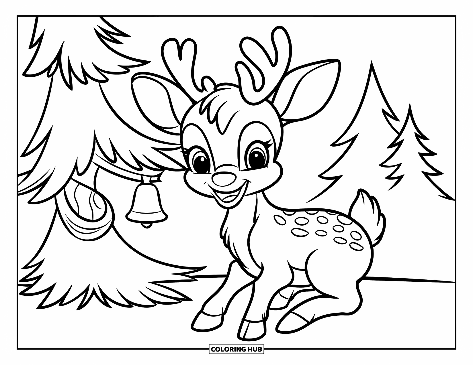 Baby Reindeer Coloring Page for Kids: A smiling reindeer relaxes near a pine tree in the snow