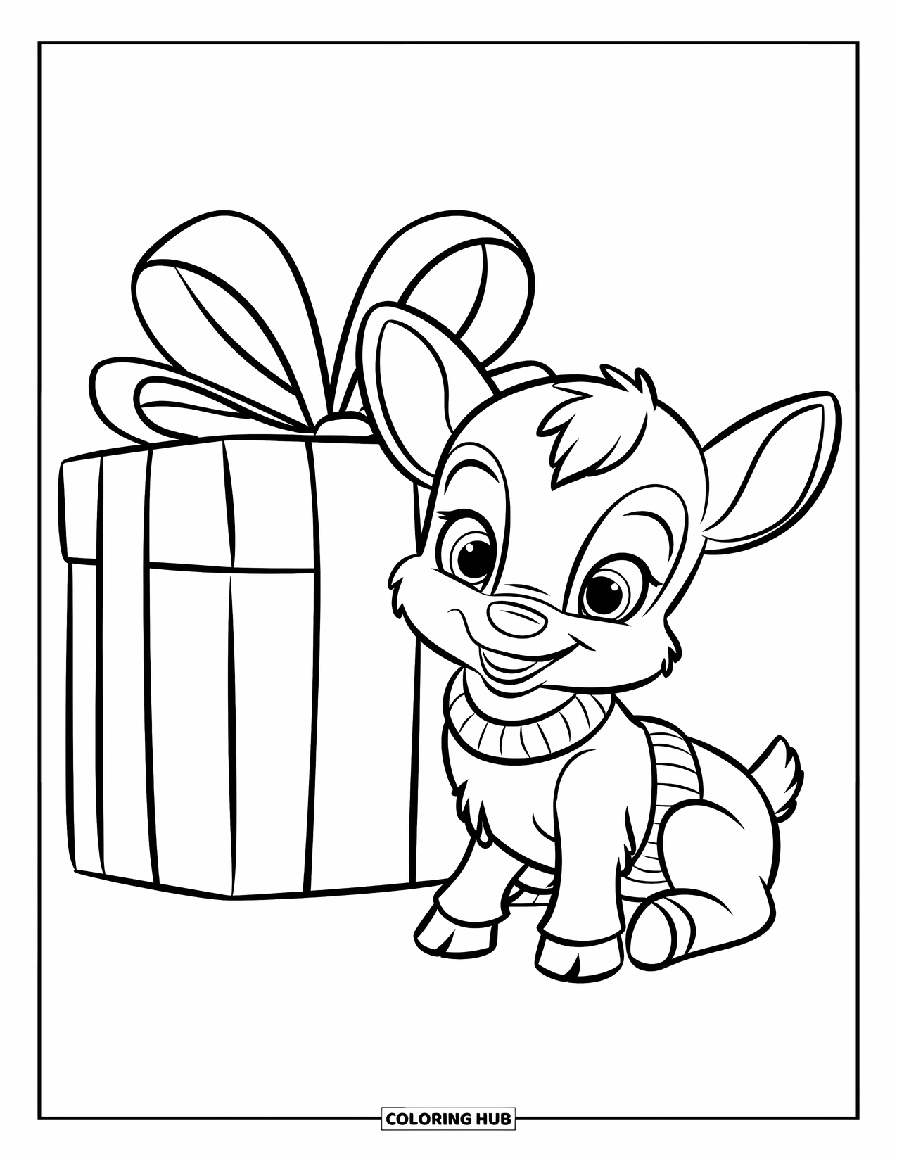 Baby Reindeer Coloring Page for Kids: A smiling reindeer sits beside a big gift wrapped with a bow