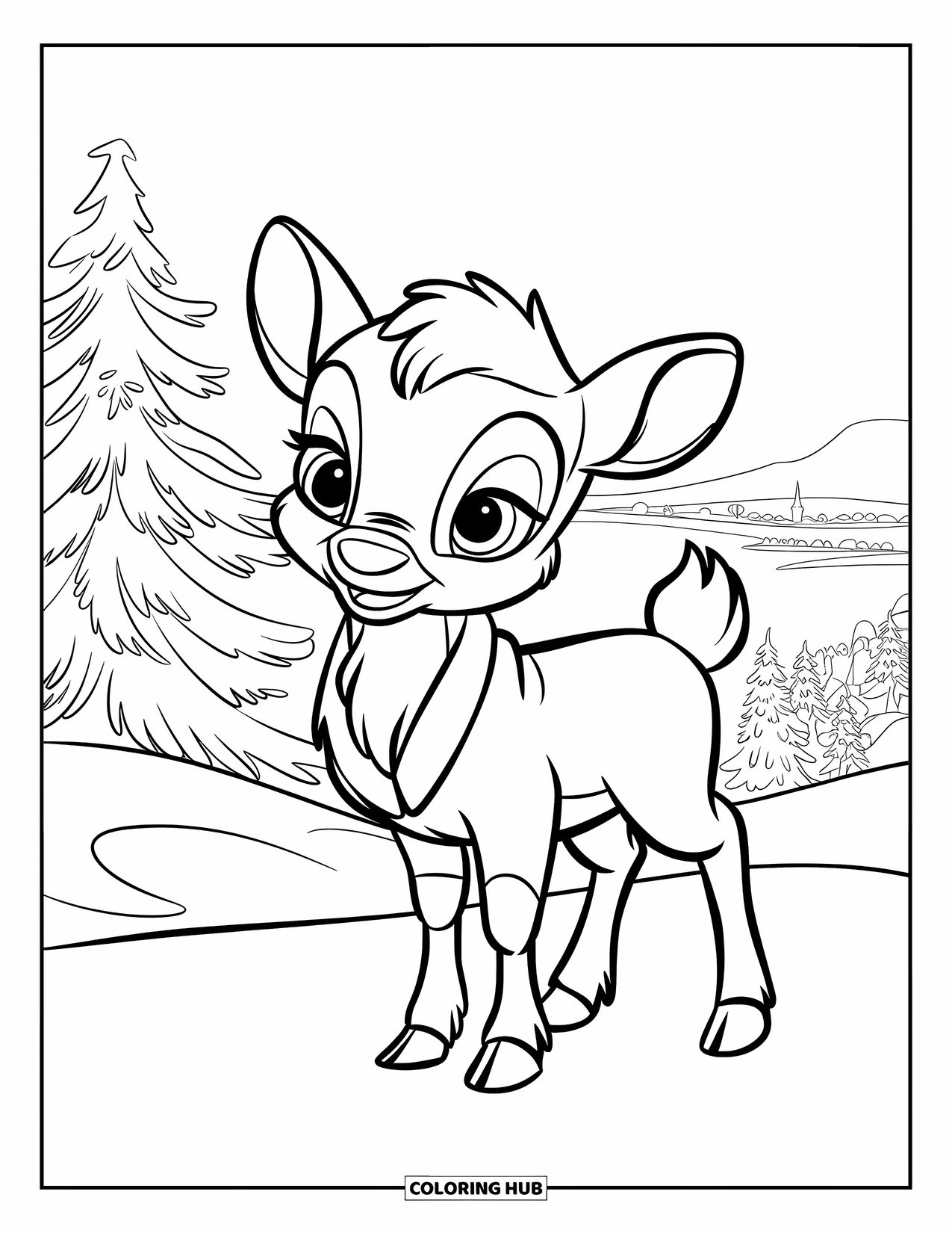 Baby Reindeer Coloring Page for Kids: A young reindeer watches a shining town from a snowy ridge