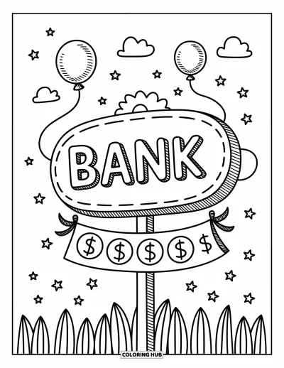 Coloriage de banque pour adultes : Une grande enseigne ronde de banque avec des pièces et des billets sur une bannière