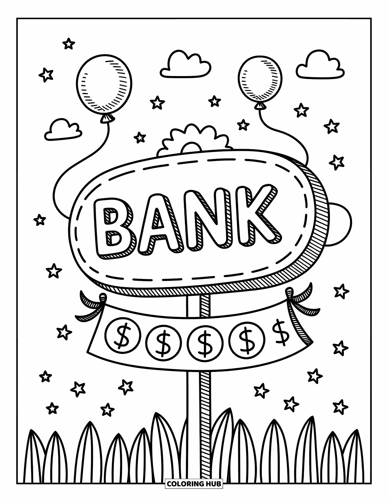 Bank Coloring Page for Adults: A big round bank sign with coins and bills on a banner