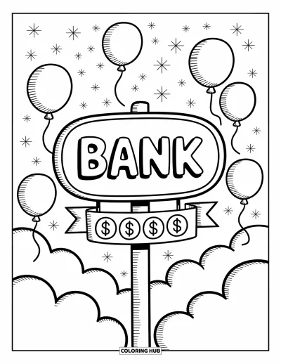 Coloriage de banque pour adultes : Une enseigne lumineuse avec le lettrage « Bank », des pièces et des ballons flottants