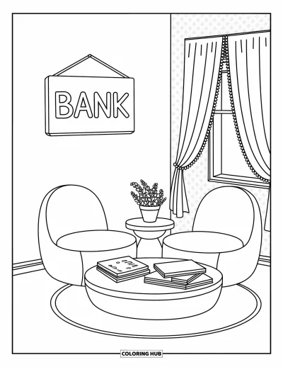 Coloriage de banque pour adultes : Un espace confortable avec des fauteuils, des magazines et une petite plante près de la fenêtre