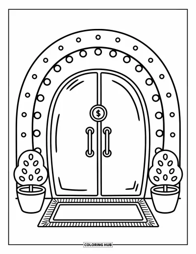 Coloriage de banque pour adultes : Une porte accueillante avec des lumières, des plantes et un emblème de pièce joyeux