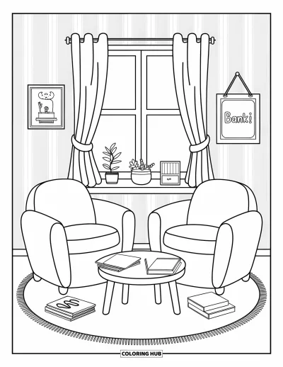 Coloriage de banque pour adultes : Une salle douillette avec des chaises, une table et une enseigne « Bank »