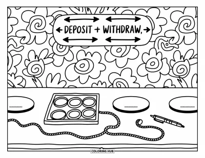 Coloriage de banque pour adultes : Un joli guichet de banque avec des panneaux pour le dépôt et le retrait