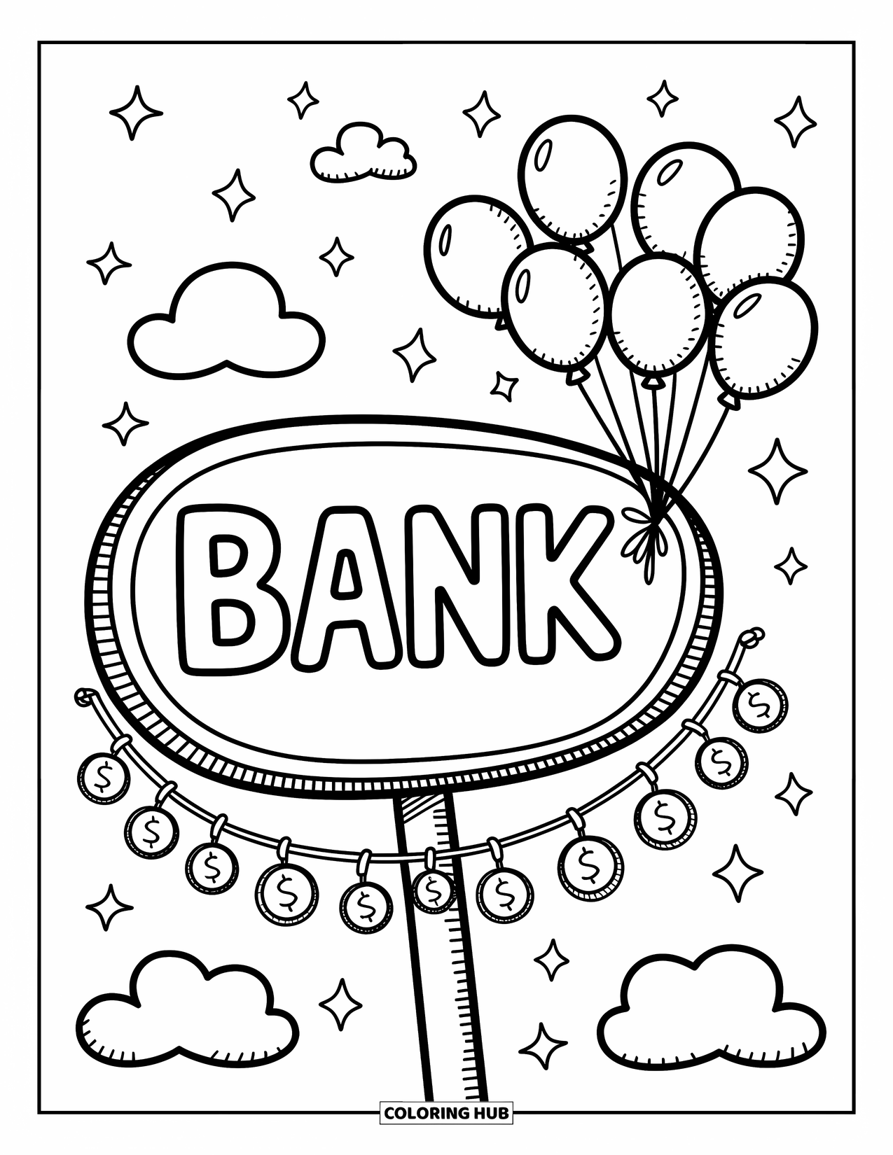Bank Coloring Page for Adults: A cute signpost with balloons, stars, and smiling coin designs