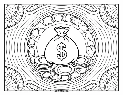Coloriage de banque pour adultes : Un sac d'argent détaillé encadré de feuilles et de pièces en symétrie