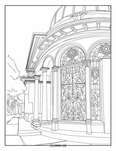 Coloriage de banque pour adultes : Un bâtiment de banque à coupole avec des vitraux floraux et des arbres