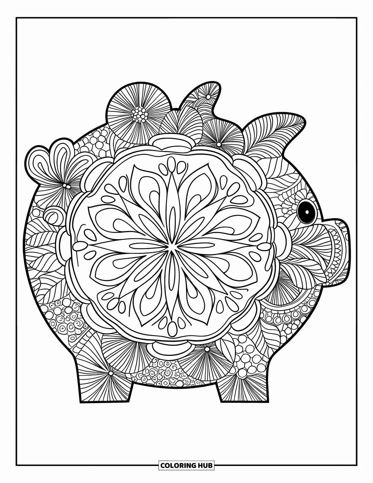 Bank Coloring Page for Adults: A floral mandala encircling a detailed piggy bank