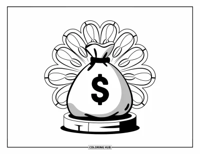 Coloriage de banque pour adultes : Un sac d'argent bien rempli entouré de pièces et de motifs de feuilles