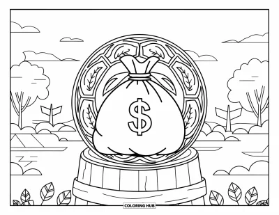 Coloriage de banque pour adultes : Un sac d'argent posé sur un tonneau face à un paysage serein