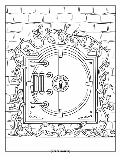 Coloriage de banque pour adultes : Une porte de coffre-fort à motifs sur un mur en briques avec des lianes entrelacées