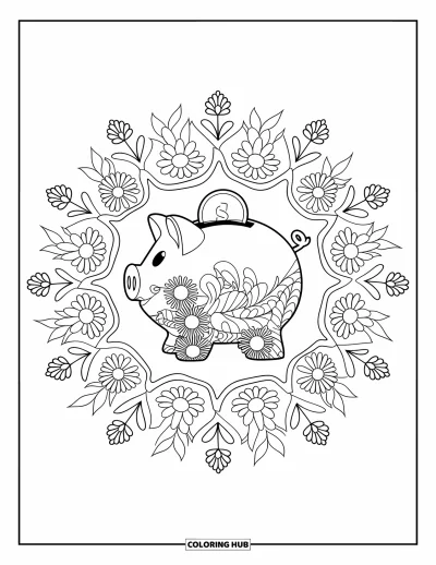 Coloriage de banque pour adultes : Une tirelire cochon avec une pièce à l'intérieur, entourée de fleurs