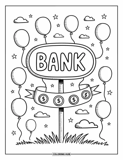 Coloriage de banque pour adultes : Une enseigne de banque ludique avec des ballons et des nuages moelleux tout autour