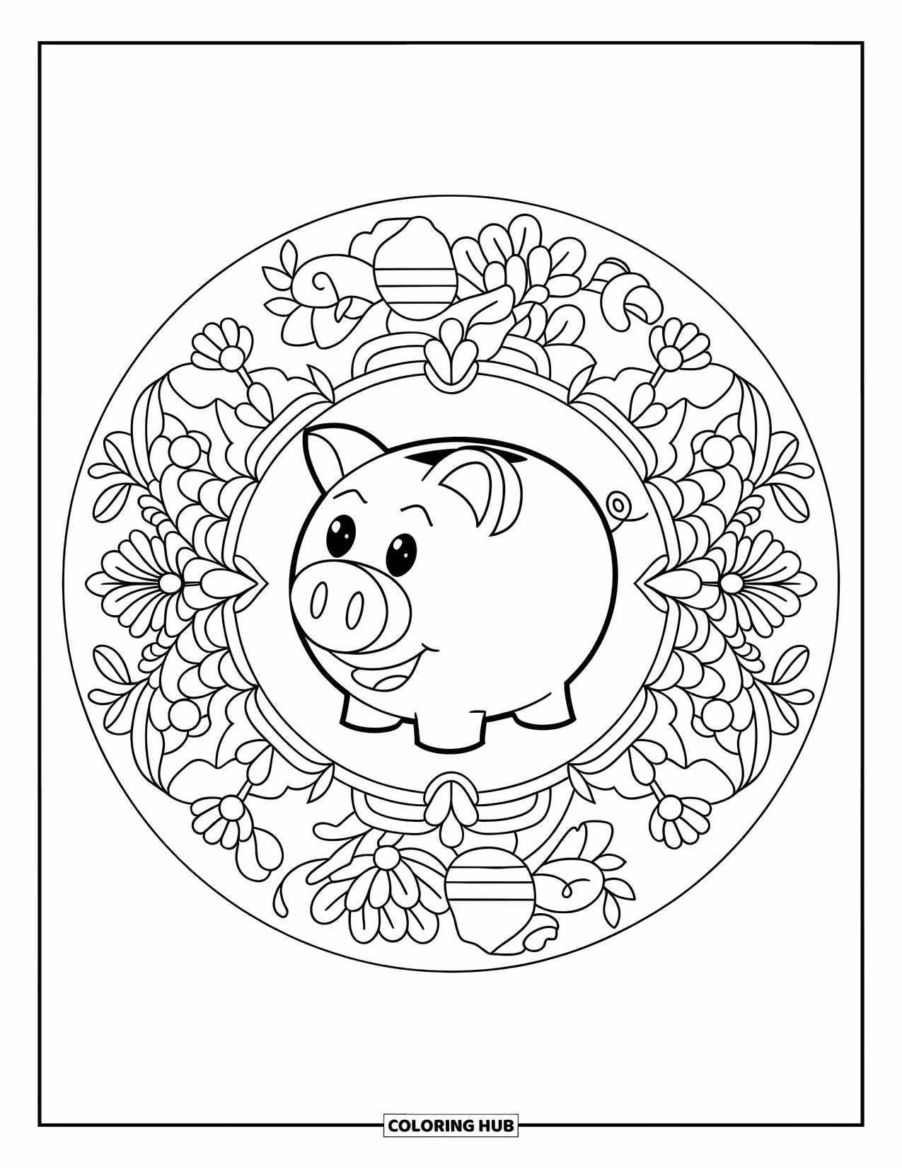 Bank Coloring Page for Adults: A smiling piggy bank rests in a circle of floral designs