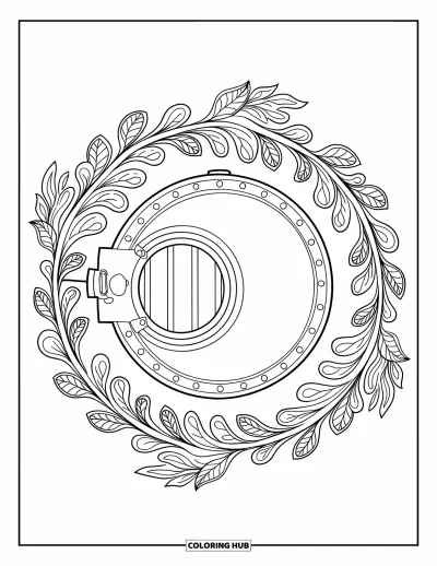 Coloriage de banque pour adultes : Une porte de coffre-fort cerclée de tourbillons floraux complexes