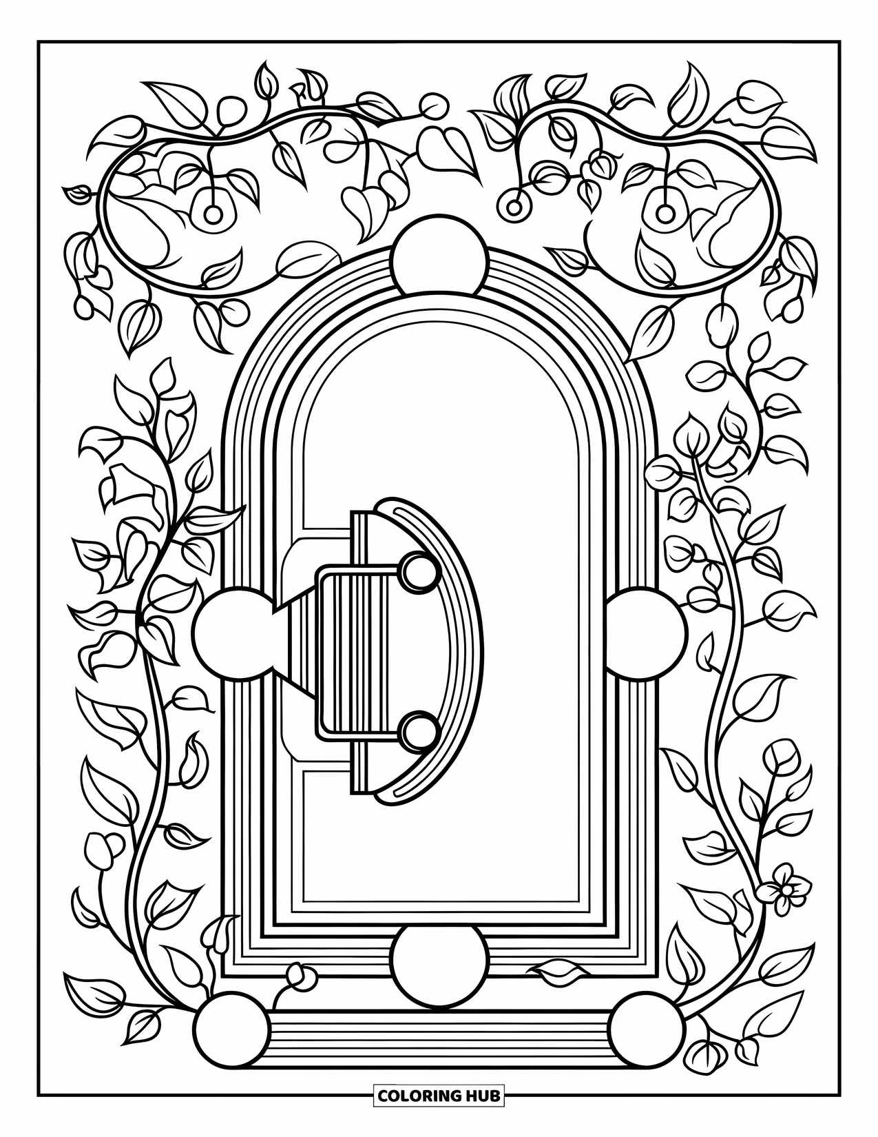Bank Coloring Page for Adults: A vault door framed by graceful floral vines and leaves