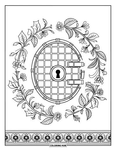 Coloriage de banque pour adultes : Une porte de coffre-fort entourée de volutes de lianes et de fleurs