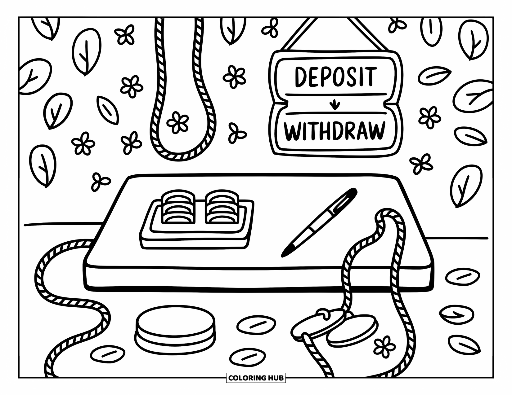 Bank Coloring Page for Adults: A warm, simple bank counter with arrows for deposit and withdraw