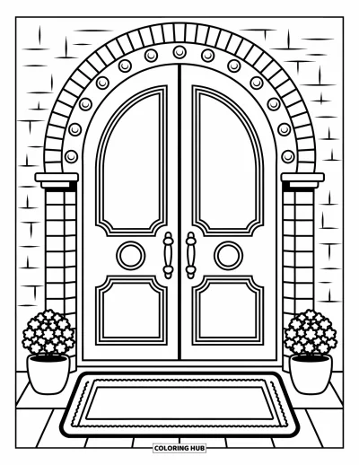Coloriage de banque pour adultes : Une entrée accueillante avec des plantes en pot et des lumières douces