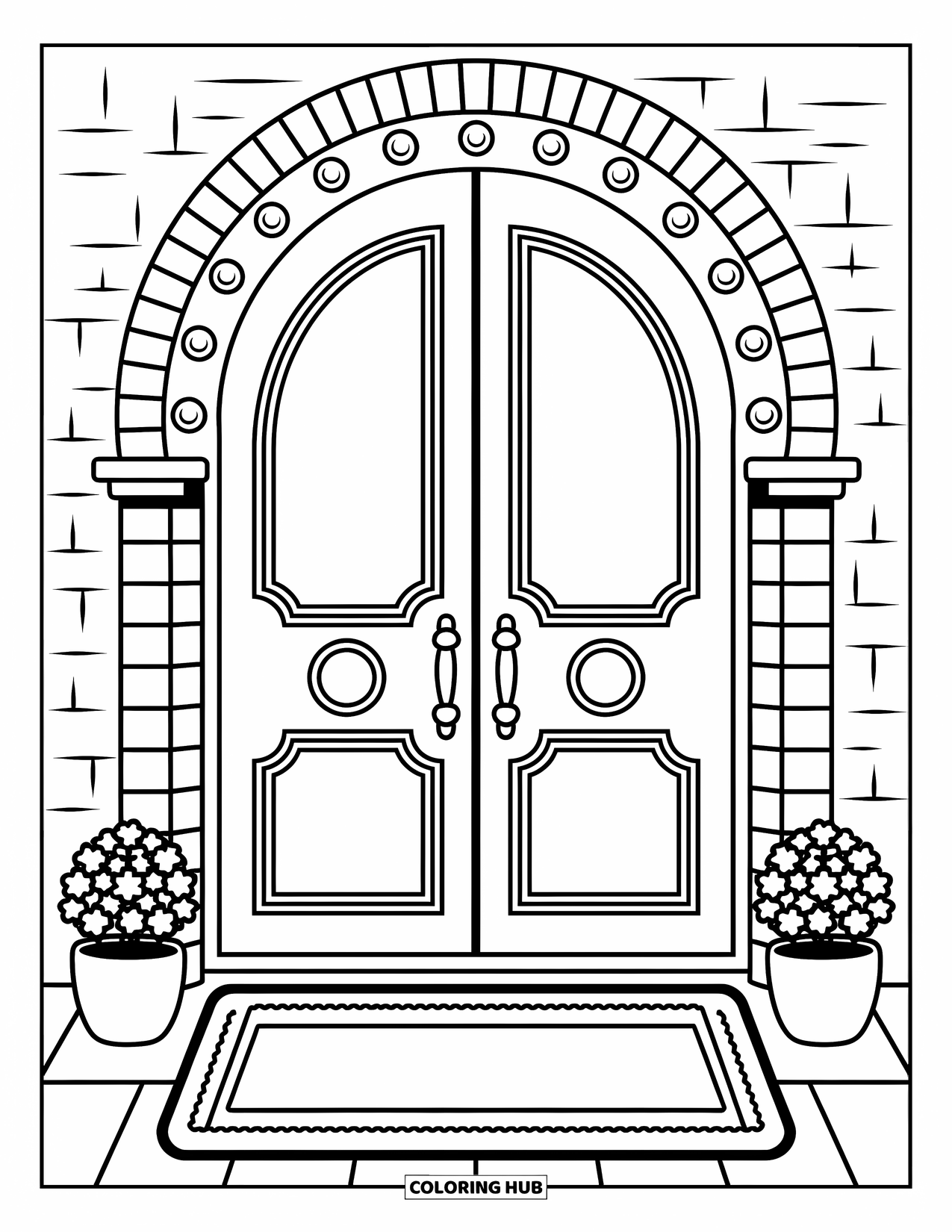 Bank Coloring Page for Adults: A welcoming doorway with potted plants and gentle lights