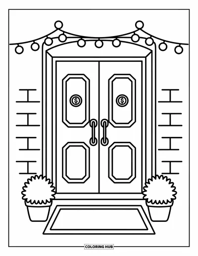 Coloriage de banque pour adultes : Une large entrée de banque avec une porte arrondie et des lumières douces
