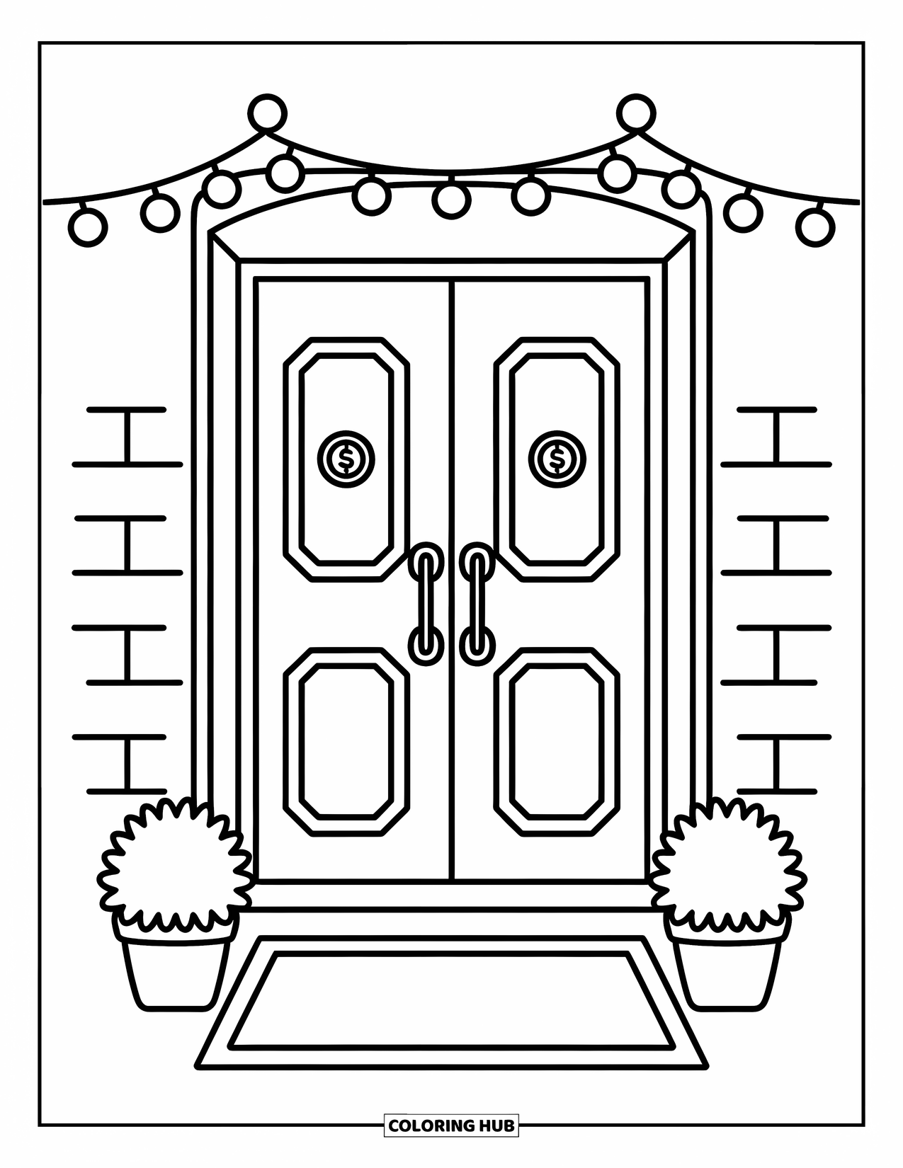 Bank Coloring Page for Adults: A wide bank entrance with a rounded door and glowing lights