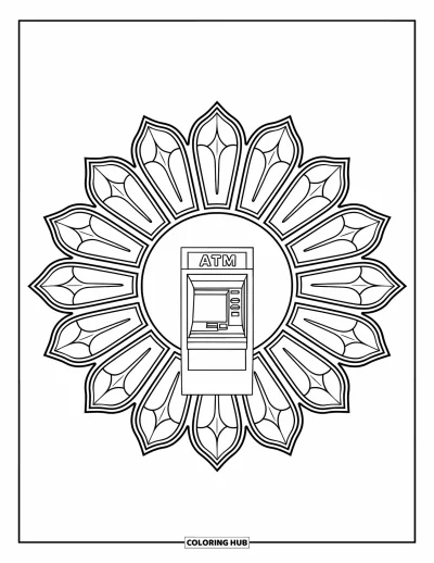 Coloriage de banque pour adultes : Un distributeur automatique élégant entouré de pétales en verre à motifs