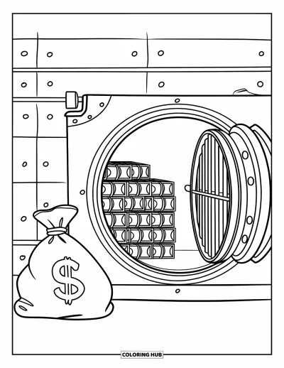 Coloriage de banque pour enfants : Un coffre-fort rempli de sacs d'argent et de piles de billets brillants